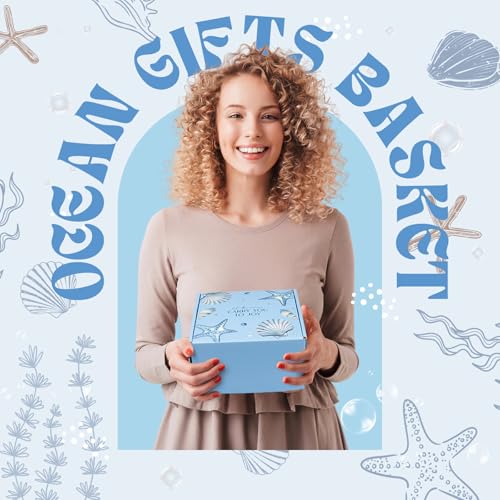 Gifts for Women, 8pcs Ocean Happy Birthday Gifts for Women, Christmas Ideas Inspirational Get Well Soon Gift Baskets Mothers Day Box w/Seashell Tote Bag for Her Mom Sister Friend Friendship - color: Blue