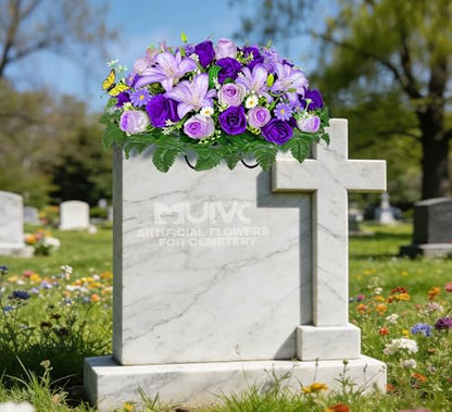 MUVIC Artificial Cemetery Flower for Grave,Headstone Flower Saddle -Purple Lily Rose Daisy, Easy Fit