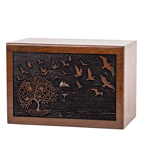Rosewood Urn for Human Ashes, Tree of Life with Birds, Large 180 lb | Hand-carved solid sheesham rosewood, screw-locked sliding base, engraving available, holds up to 180 lb - color: Tree of Life With Birds, size: Large (180 lb)