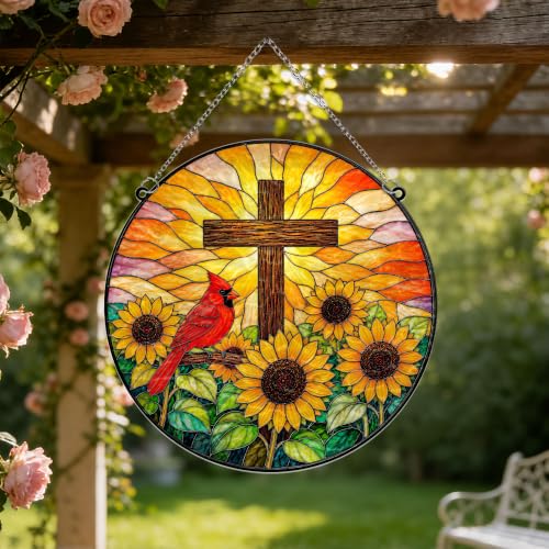 Cardinal with Jesus Cross & Sunflower Memorial Suncatcher, 8" Christian Stained Glass Wavy Acrylic, Sympathy Gift for Loss of Loved One, Mom, Dad, Grandma, Family Member, Religious Gifts for Women - color: Cardinal - Sunflower