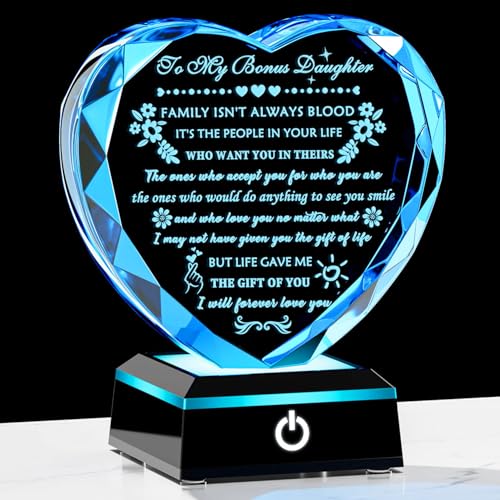 YWHL Bonus Daughter Gifts from Mom Dad Birthday Gifts for Bonus Daughter | Heart Shaped Crystal Keepsake with Colorful Base To My Bonus Daughter Stepdaughter Gifts on Christmas Graduation Valentine's - color: Bonus Daughter Gifts
