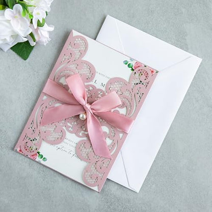 20Pcs Dusty Rose Laser Cut Wedding Invitation Cards With Envelopes - color: Dusty Rose
