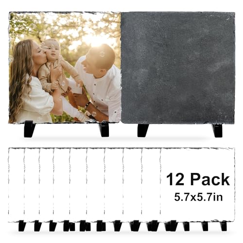 12 Pcs Sublimation Slate Blanks 5.7"x5.7", Sublimation Plaque Photo Slate Rock Stone Picture Frame Blanks Bulk with Display Stand for Gifts Memorials Desktop, Individually Packaged, Square - size: 6"x6"(12 pcs)
