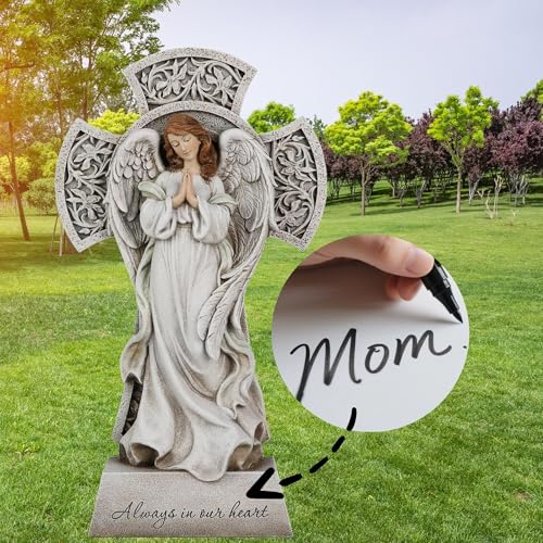 Memorial Angel Statue with Cross, 12 Inch Remembrance Angel for Loved One, Graveside or Home Sympathy Decor, Handwriting-Friendly Base