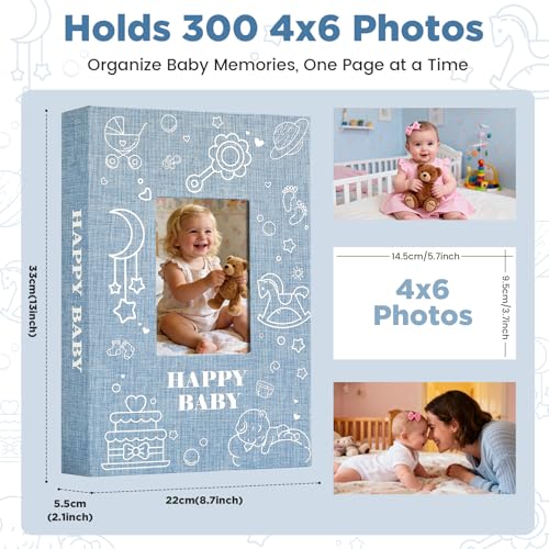 Baby Photo Album 4x6 300 Pockets with Memo Area, Photo Stickers & Hand and Footprint Kit, Linen Cover Baby Memory Book with Front Window, First Year Keepsake for Newborn Boy Girl - color: Blue