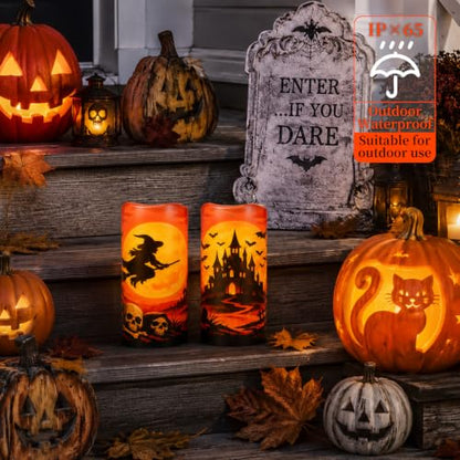 Amagic 3"x6" Halloween Flameless Candles, Waterproof LED Pillar Candles - color: Witch + Castle, size: 2 Pack, D3"xH6"