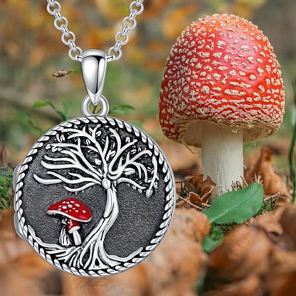 Round Locket Necklace 925 Sterling Silver Filigree/Flower Locket Necklace That Holds Pictures Birthday Christmas Jewelry Gifts for Women - color: 08-Tree of Life Mushroom Locket