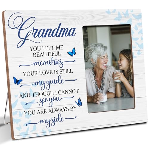 Grandma Memorial Bereavement Butterfly Wooden Picture Frame Gifts for Loss of Grandma, Always By My Side Sympathy Gifts for Loss of Grandmother, Fits 4x6 Photo Frame - color: Blue-grandma