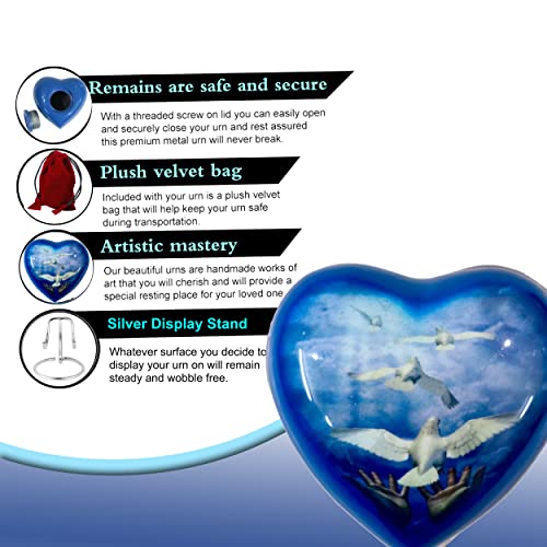 Heart Urn for Sacred Ashes Adult Male Female | Funeral Gift Pack of Dove Painted Small Heart Urn, Display Stand, Velvet Carry Bag, a Paper Funnel with Magnetic Closure Gift Box - color: Blue White-dove-heart