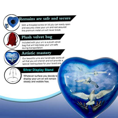 Heart Urn for Sacred Ashes Adult Male Female | Funeral Gift Pack of Dove Painted Small Heart Urn, Display Stand, Velvet Carry Bag, a Paper Funnel with Magnetic Closure Gift Box - color: Blue White-dove-heart