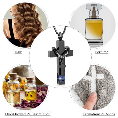 Oinsi Black Cross Urn Necklace For Ashes Of Loved Ones With Birthstone Always In My Heart Cremation Jewelry Keepsake Pendant Women Men - color: Dark Blue Stone
