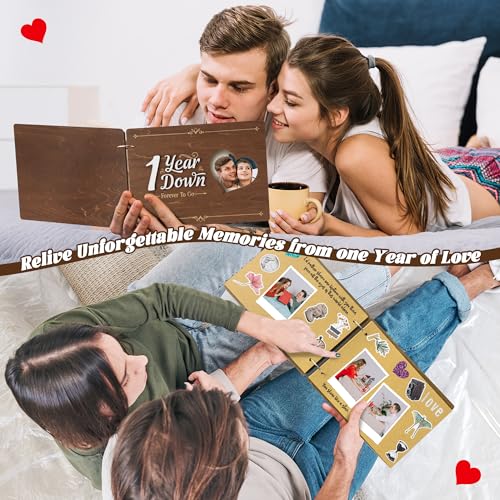 CY2SIDE Couple 1 Year Anniversary Scrapbook - 111PCS 1st Down Photo Wooden Album Scrapbook Craft Kit with Heart Puzzle Brown Paper Sticker Marker Template for DIY Anniversary Dating Gifts for Him Her - style: 1 Year Couple