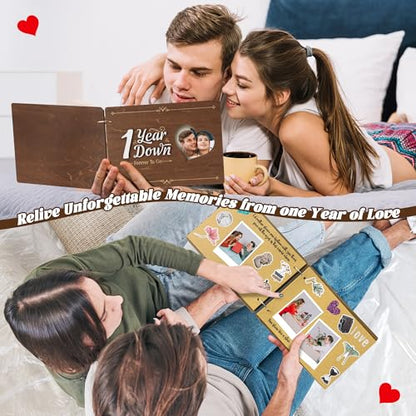 CY2SIDE Couple 1 Year Anniversary Scrapbook - 111PCS 1st Down Photo Wooden Album Scrapbook Craft Kit with Heart Puzzle Brown Paper Sticker Marker Template for DIY Anniversary Dating Gifts for Him Her - style: 1 Year Couple