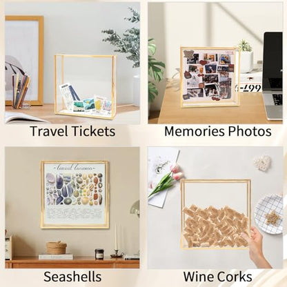 8x8 Travel Shadow Box Frame with Slot on Top, Glass Shadow Display Box Memory Top Loading Shadow Keepsake Box for Tickets, Photos,Wine Bottle Caps,Collections(Gold)