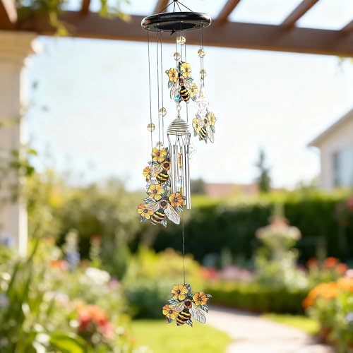 YU FENG Bee Wind Chime with Crystal Suncatcher, Memorial Outdoor Decor | 27 Inch Metal Hanging Chime, Bee Design, Meaningful Gift For Mom Grandma, Garden Yard Patio Decoration - style: Wildflower – Bee – 27 Inch
