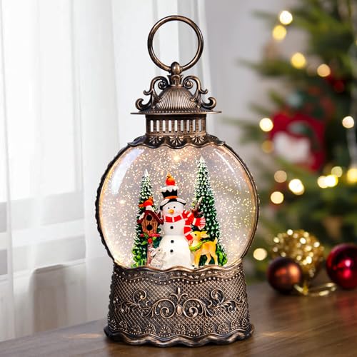 Christmas Snow Globes Lantern with Music, Snowman Snow Globes with Swirling Glitter Effects, USB/Battery Powered with 6-Hour Timer, Christmas Decorations - color: Snowman