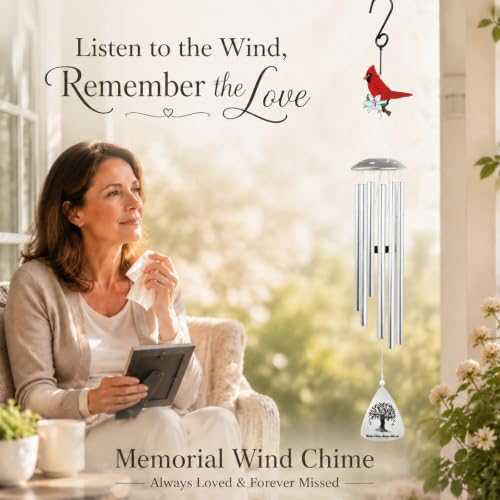 Wind Chimes for Outside, Sympathy Gift for Loss of Loved One, Sliver | Red Cardinal Sympathy Wind Chimes with Tree of Life Pendant, Weather-Resistant Aluminum Tubes, Bereavement Remembrance Gift - color: Sliver