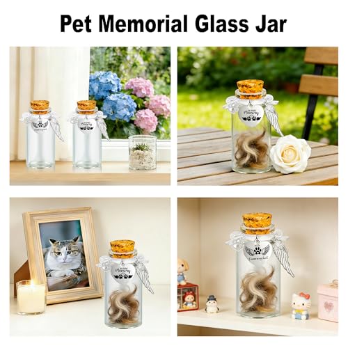 Gredstar Pet Memorial Glass Jar, Round Pet Fur Keepsake Bottle | 2 Glass Bottles Included, Round Glass Design, Cork Stopper, Paw Print Detail, Fur Hair Ashes Storage, Memorial Display