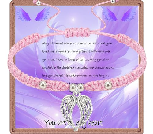 Sympathy Gift Memorial Gifts for Loss of Loved Ones, In Memory of Mother Father Memorial Bereavement Bracelet with Angel Wings Charm - color: Pink