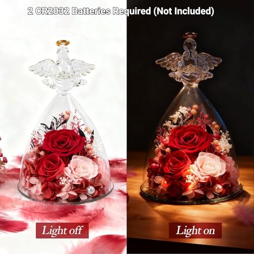 Casaido Mothers Day Rose Gifts for Women, 7" Red Preserved Roses Flowers in Glass Angel Figurine, Birthday Gift for Mom Wife Grandma, Eternal Rose for Valentines Christmas Anniversary - color: Red