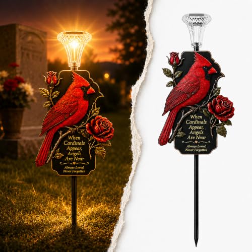 Solar Cardinal Memorial Decorations for Cemetery - Grave Decor LED Lights - color: Red Cardinal Bird