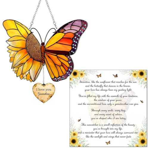 Butterfly Sunflower Acrylic Suncatcher with Card, I Love You Grandma Hanging with Heart Charm & Gift Card, Grandma Suncatcher, for Nana from Kids Grandkids - color: Grandma Butterfly Sunflower
