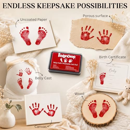 ReignDrop Baby Ink Pad for Hand and Footprints, Non-Toxic Acid-Free Keepsake Kit, Smudge-Proof Archival Ink Wipes Off Skin, for Scrapbook, Photo Album, Frames & Pet Paws, Baby Gift (Red) - color: Red