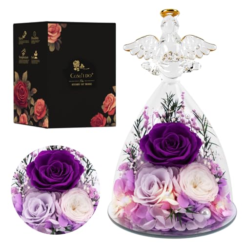 Casaido Mothers Day Rose Gifts for Women, 7" Purple Preserved Roses Flowers in Glass Angel Figurine, Birthday Gift for Mom Wife Grandma, Eternal Rose for Valentines Christmas Anniversary - color: Purple