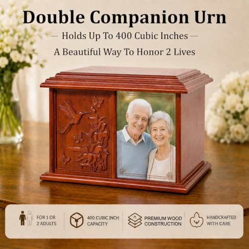 Double Companion Urn for 2 Adults Holds Up to 400 Cubic Inches Wooden Cremation Urn for Human Ashes with 4 x 6 Photo Frame Carved Hummingbird Memorial Urn for Husband Wife Parents