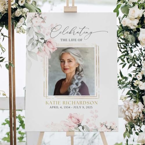 Celebration Of Life Sign With Picture, Funeral Sign Board Personalized, Funeral Welcome Sign Celebration Of Life Sign Pink Floral Roses Memorial Sign Editable - color: Version 2