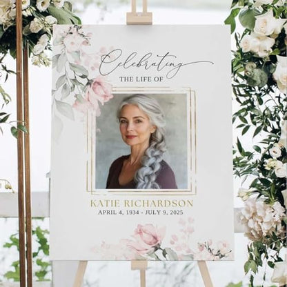 Celebration Of Life Sign With Picture, Funeral Sign Board Personalized, Funeral Welcome Sign Celebration Of Life Sign Pink Floral Roses Memorial Sign Editable - color: Version 2
