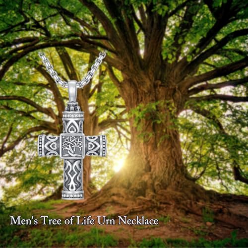 925 Sterling Silver Urn Necklace for Ashes, Teardrop/Tree of Life/Sunflower/Dragonfly/Sea Turtle/Celtic Knot/Elephant/Hummingbird Memorial Cremation Pendant Necklaces for Animal Human Ashes - color: A1: Tree of life-Cross