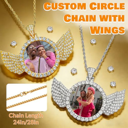 HJX Custom Circle Chain with Wings, Memorial Picture Necklace for Men Womem - color: Gold、Silver
