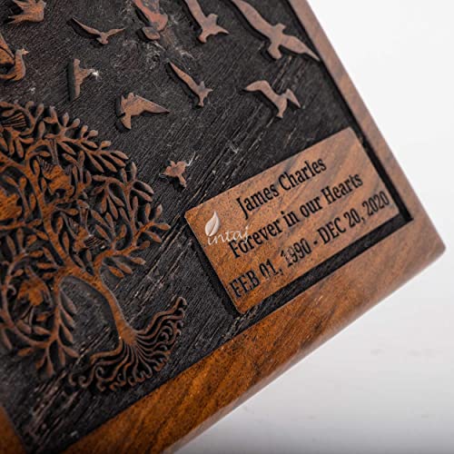 Personalized Urn for Human Ashes, Engraved Tree and Birds, Medium | Hand-carved solid sheesham rosewood, screw-locked sliding base, engraving available, holds up to 110 lb - color: Engraved Tree With Birds, size: Medium (110 lb)