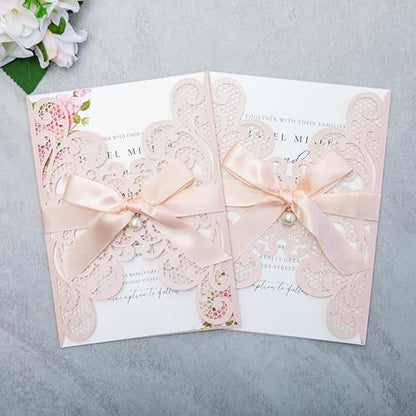 20Pcs Blush Pink Laser Cut Wedding Invitation Cards With Envelopes - color: Blush Pink