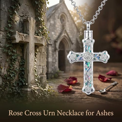 PELOVNY Urn Necklaces for Ashes of Loved Ones 925 Sterling Silver Personalized Heart Locket Urn Necklace Cremation Keepsake Memorial Jewelry Gifts for Women Men - color: Rose Cross Urn