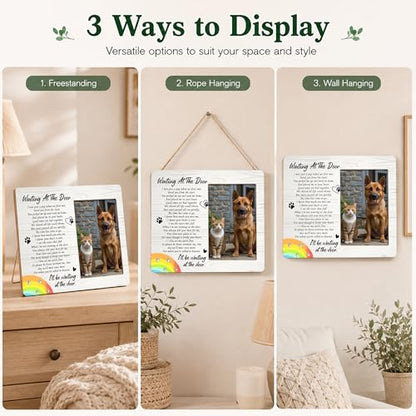 Pet Dog Cat Memorial Photo Frame - Waiting At The Door Dogs Wooden Tabletop Picture Frame - Sympathy Memorial Gifts For Loss Of Dog Cat Owner - In Loving Memory Rainbow Frames Favors -01 - style: Rainbow