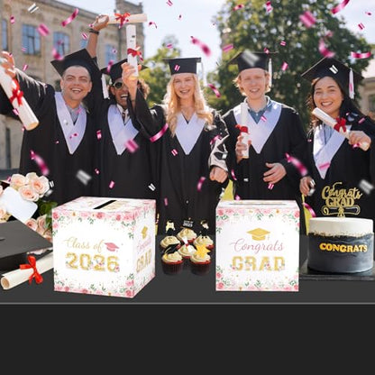 Floral Graduation Card Box 2026, Pink Flower Congrats Grad Card Holder Box, Graduation Party Money and Gift Card Box, Foldable Graduation Gift Grad Parties, 8.7 x 8.7 x 8.7 Inch - color: Pink Flower