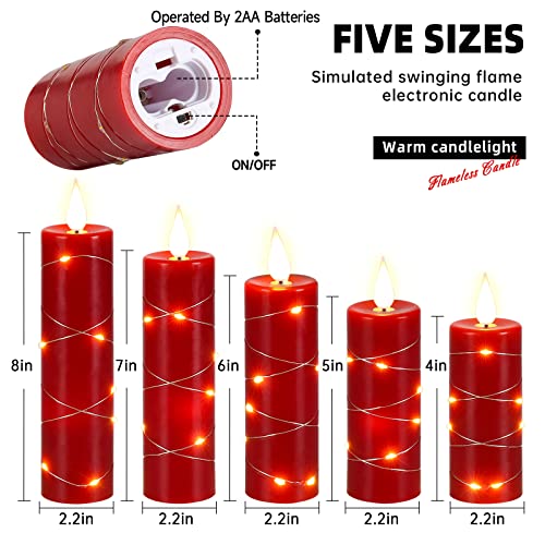 Upinmz Red Flameless Candle with Remote Control and Timer,Flickering Battery Operated Candles with String Lights,LED Pillar Candles,Set of 5 - size: Red-Wax-5 Pack