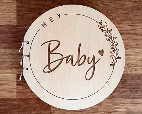 Hey Baby Wood Baby Shower Guest Book Alternatives for Boy or Girl, Rustic Baby Shower Guest Sign In Book, Keepsakes for Baby Shower, Gift for New Parents and Expecting Mothers - style: Hey Baby Design 2