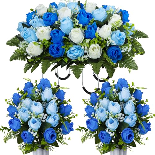 Artificial Cemetery Flowers Saddle Grave Memorial Rose Flowers with Vase for Cemetery Headstones Gravesites Decoration (White&Blue, 1 Saddle & 2Bouquets with Vase) - color: White&blue, size: 1 Saddle & 2Bouquets with Vase