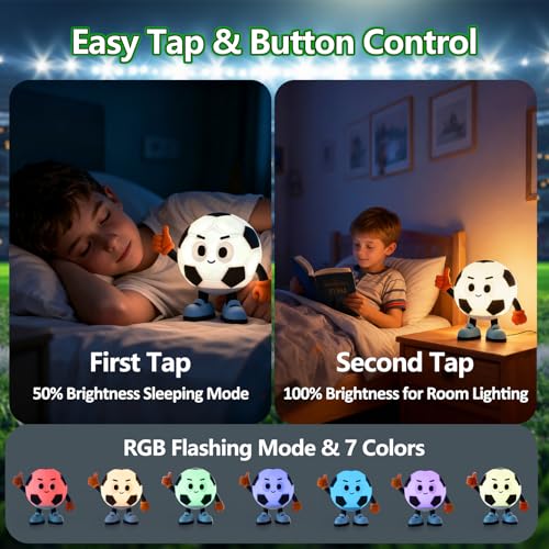 Soccer Gifts for Boys Girls, Soccer Night Light，Soft Silicone with Touch Control, 7 RGB Colors, Auto-Off, Dimmable, Rechargeable 1200mAh, Teen Kids Sports Fan Birthday Gifts (Classic) - style: Soccer (Classic)
