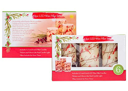 Mark Feldstein & Associates Flameless LED Glitter Berries and Cardinals Wax Pillar Candles with Timer, 3pc Set