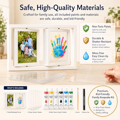 Family Handprint Frame Kit,White Dual Rotating Photo & Handprint Display, DIY Keepsake Craft with Wooden Frame, Non-Toxic Paints, Baby Hand & Footprint Kit, Gift for Grandparents & New Parents - color: White Frame, size: Dual Spin - Handprint & photo