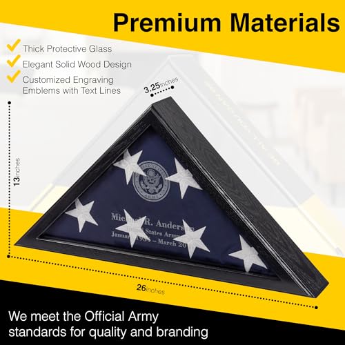 Personalized Flag Display Case for 5' x 9.5' Flag – All Military Branches Available, Veteran Memorial Display Case with Glass Front (Black) - size: Black