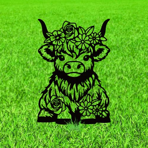 WADORN Highland Cow Silhouette Garden Stakes Decor, Metal Cow Lovers Gifts Stakes Statues Ornaments for Yard Art Black Silhouette Yard Outside Decor for Backyard Patio Outdoor Decor, 15x7.1Inch - color: Highland Cow Flowers