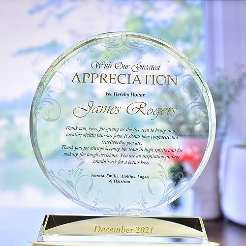 Personalized Boss Appreciation Gift Plaque for Retirement Birthday Church Teachers, Unique K9 Crystal Clear Circle Award with Customized Name and Appreciation Message (S - 6") - color: A001, size: S - 6"