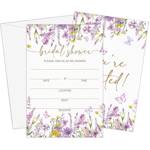 Spring Bridal Shower Invitations | Purple Wildflowers Floral Bridal Shower Invites, Set of 25 Butterflies Wedding Invitations with Envelopes 4x6-A02 - style: floral butterflies