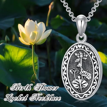 Birth Flower Photo Locket Necklace 925 Sterling Silver 12 Month Locket Necklace with Picture Birth Flower Photo Jewelry Gifts for Women Mother Mom Daughter - color: 07-July-Lotus, style: 1.no custom