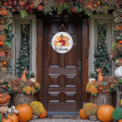 Interchangeable Welcome Sign for Front Door, Slot-in Design | 13Pcs Solid Wood Seasonal Decor, 12-inch Round Sign, for Porch, Entryway